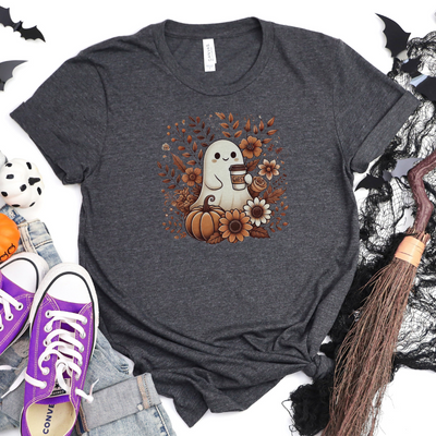 Floral Ghost With Coffee Halloween T-Shirt