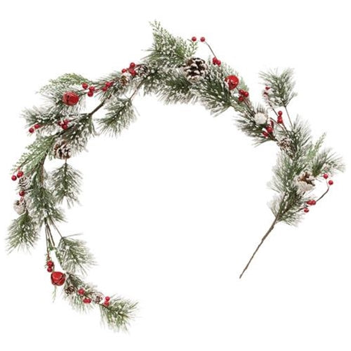 Snowy Pine with Red Bells & Berries 63" Faux Evergreen Garland