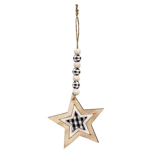 Buffalo Check Beaded Wood Star Ornament