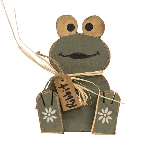 Rustic Baby Frog Wood Sitter with Ribbit Tag