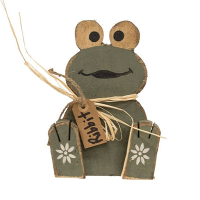 Rustic Baby Frog Wood Sitter with Ribbit Tag