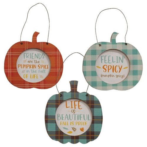 Set of 3 Fun Sayings 5.25" H Plaid Pumpkin Hangers