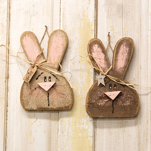 Set of 2 Rustic Wood Hanging Bunny Head 12"H