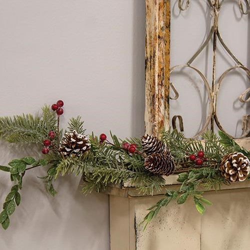 Sparkling Cedar Boxwood and Red Berry 5 ft Faux Evergreen Garland