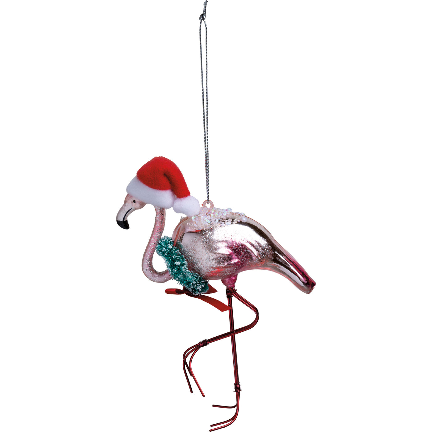 💙 Flamingo in Santa Hat Glass Ornament