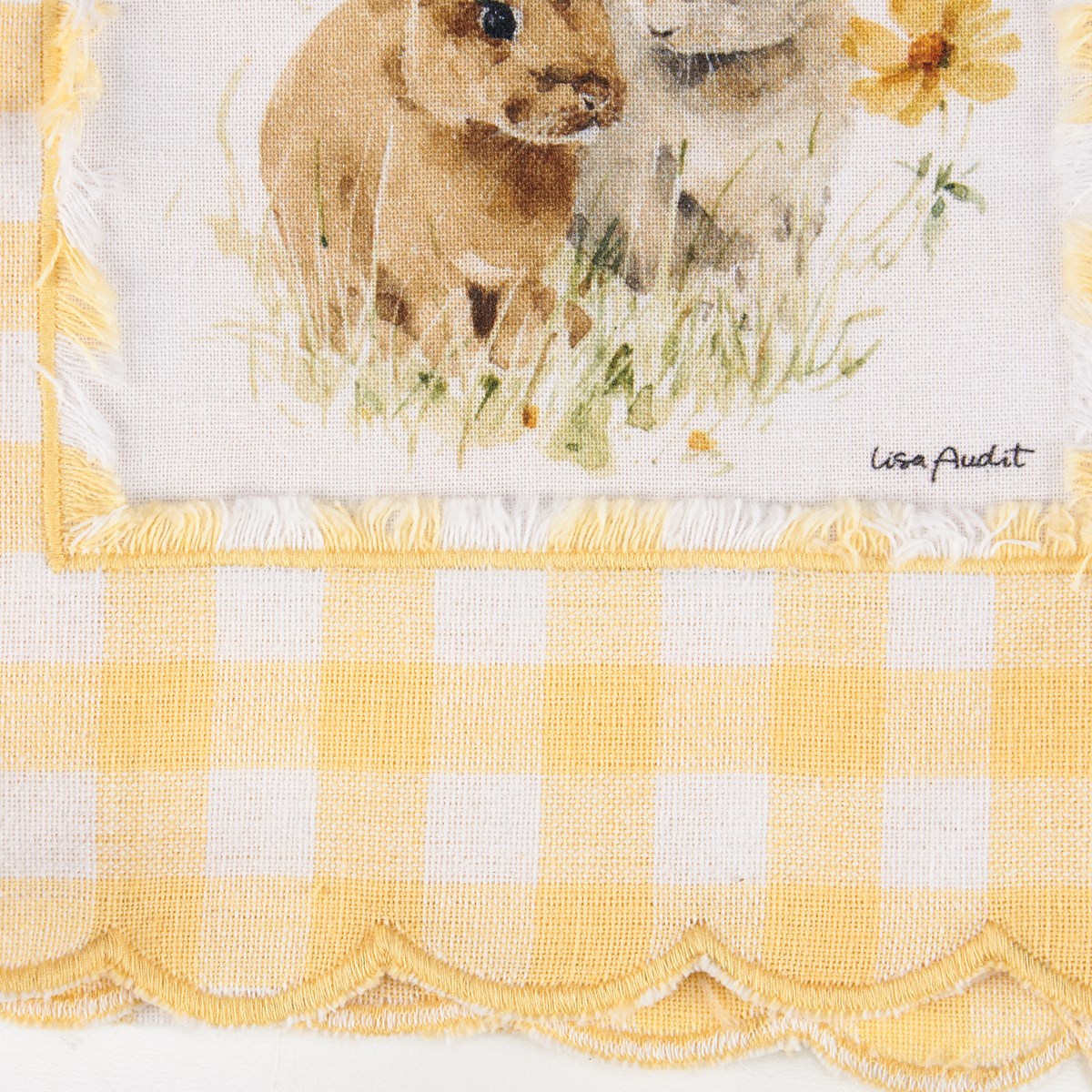 Flower Bunnies Yellow Gingham Kitchen Towel