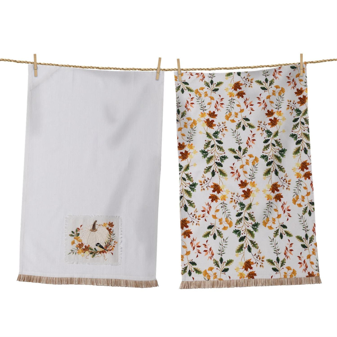 Set of 2 White Pumpkins And Leaves Tea Towels