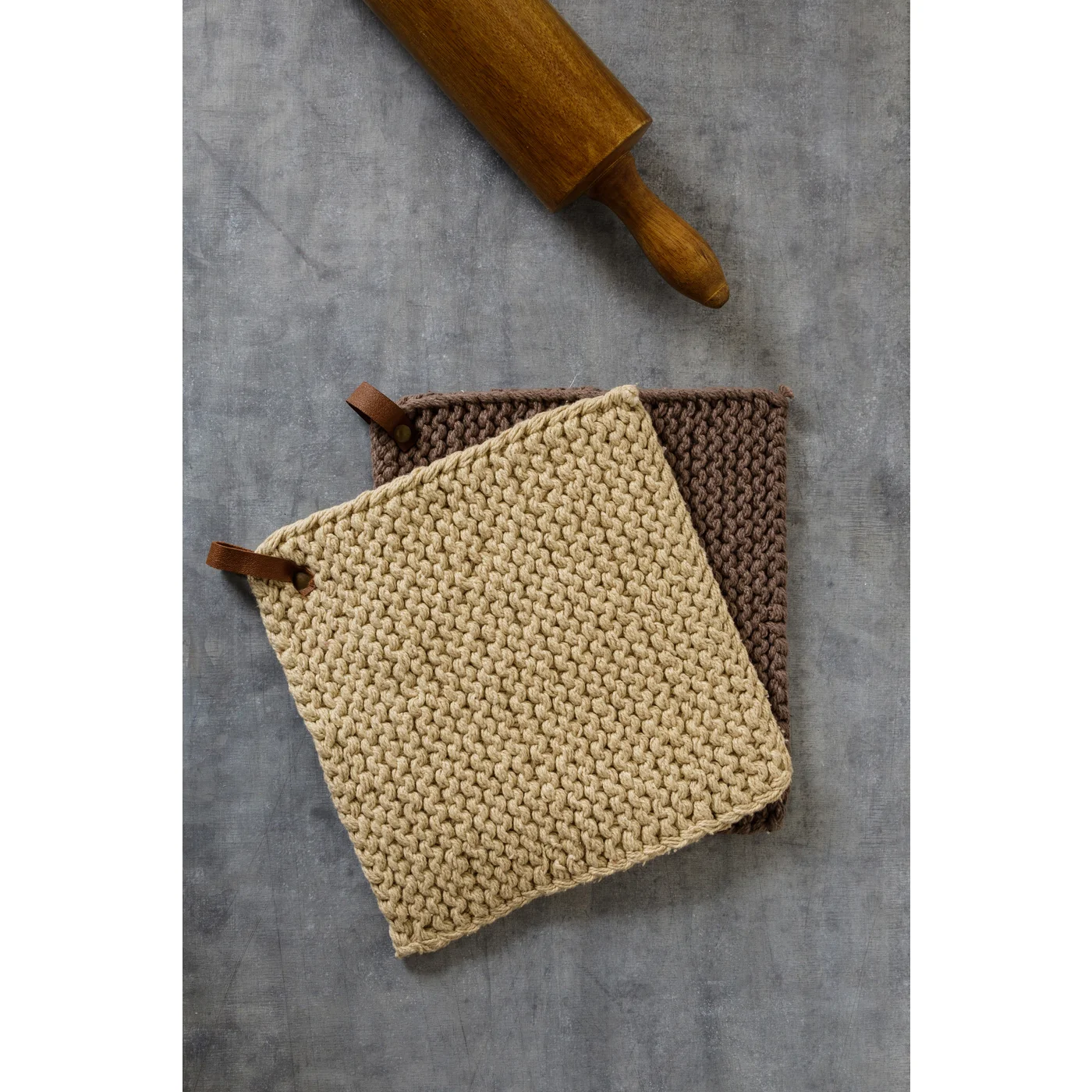Set of 2 Gray and Tan Knitted Pot Holders