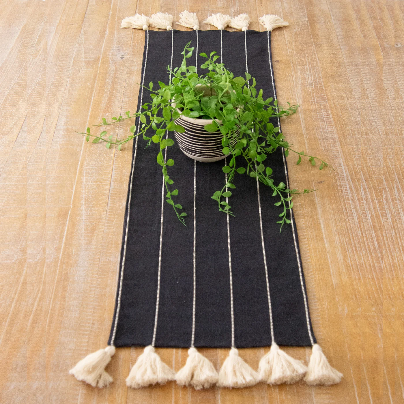 Black with White Kantha Stitch 42" Table Runner