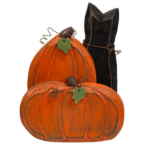 HAPPY BIRTHDAY🎂 💙 Carved Wooden Pumpkin Duo & Black Cat 9.5" Sitter