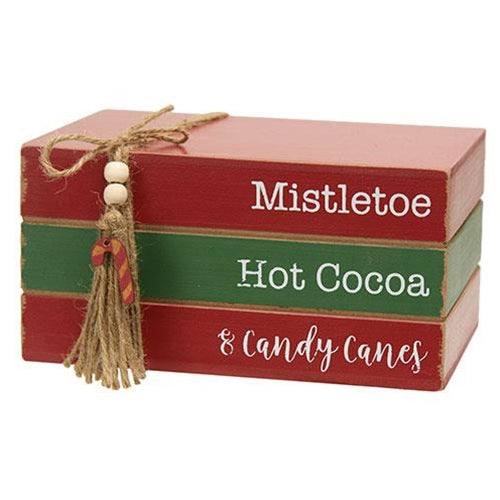 Mistletoe Hot Cocoa & Candy Canes Wooden Faux Stacked Books