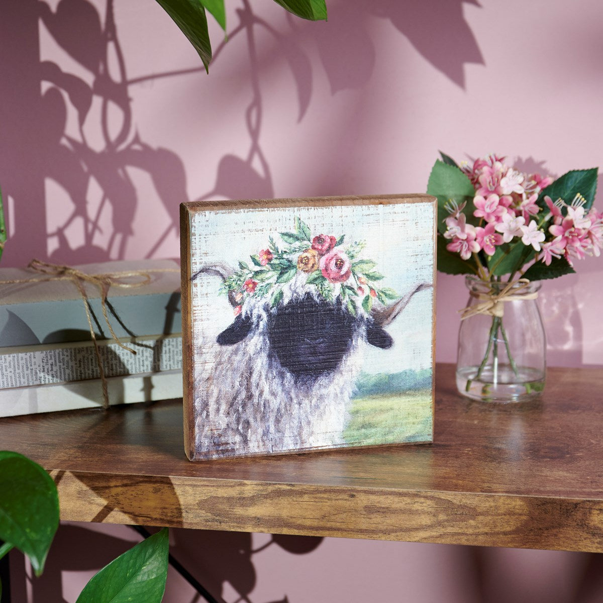 Floral Crown Sheep 6" Wooden Block Sign