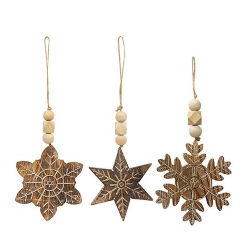 🎄💙 Natural Beaded Distressed Wood Grain Snowflake Ornament Set of 3