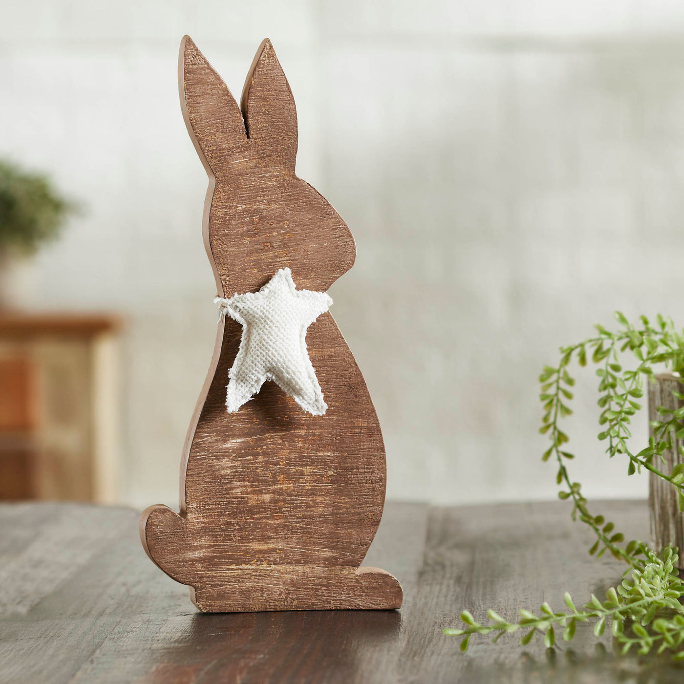 Wooden Bunny with Burlap Star Figure 12" H