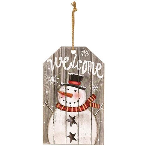 Welcome Snowman Wood Tag Ornament 9.5" H