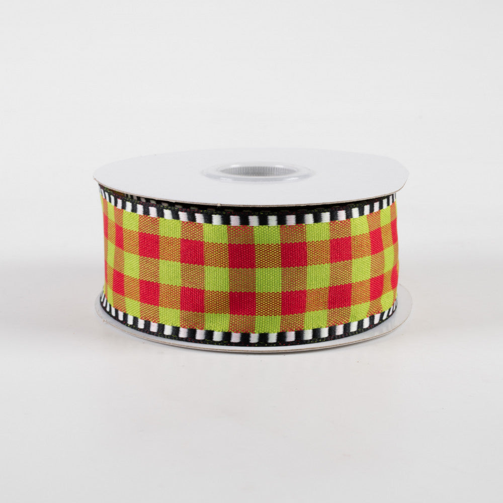 Red & Lime Dashed Edge Check Plaid Ribbon 1.5" x 10 yards