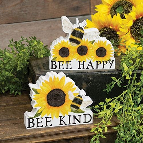 Set of 2 Bee Kind Happy Bee & Sunflower Block Signs