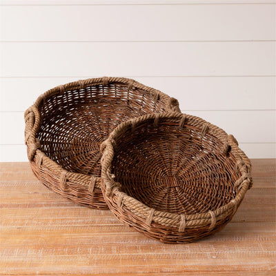 Set of 2 Round Wicker Trays With Rope Handles