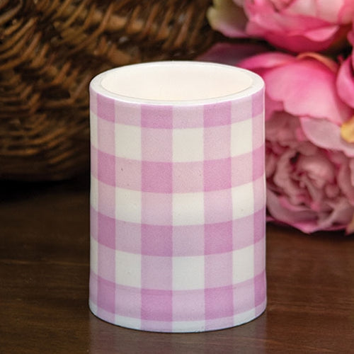 Pink & White Gingham Check 4" LED Pillar Timer Candle