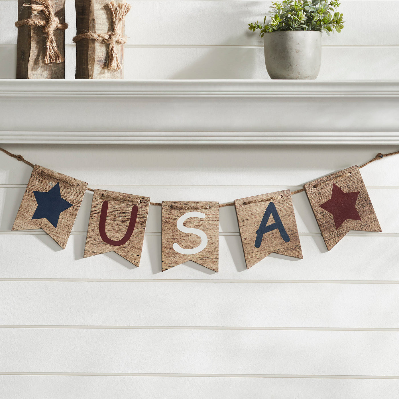 USA and Stars Wooden Banner with Twine