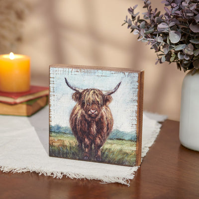 Highland Cow in Field 5" Small Wooden Block Sign