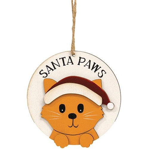 Santa Paws Wooden Kitty Ornament