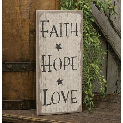 Faith Hope Love Distressed Barnwood Sign 12" H