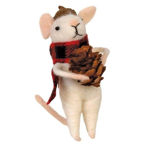 Mouse with Plaid Scarf & Pinecone Ornament