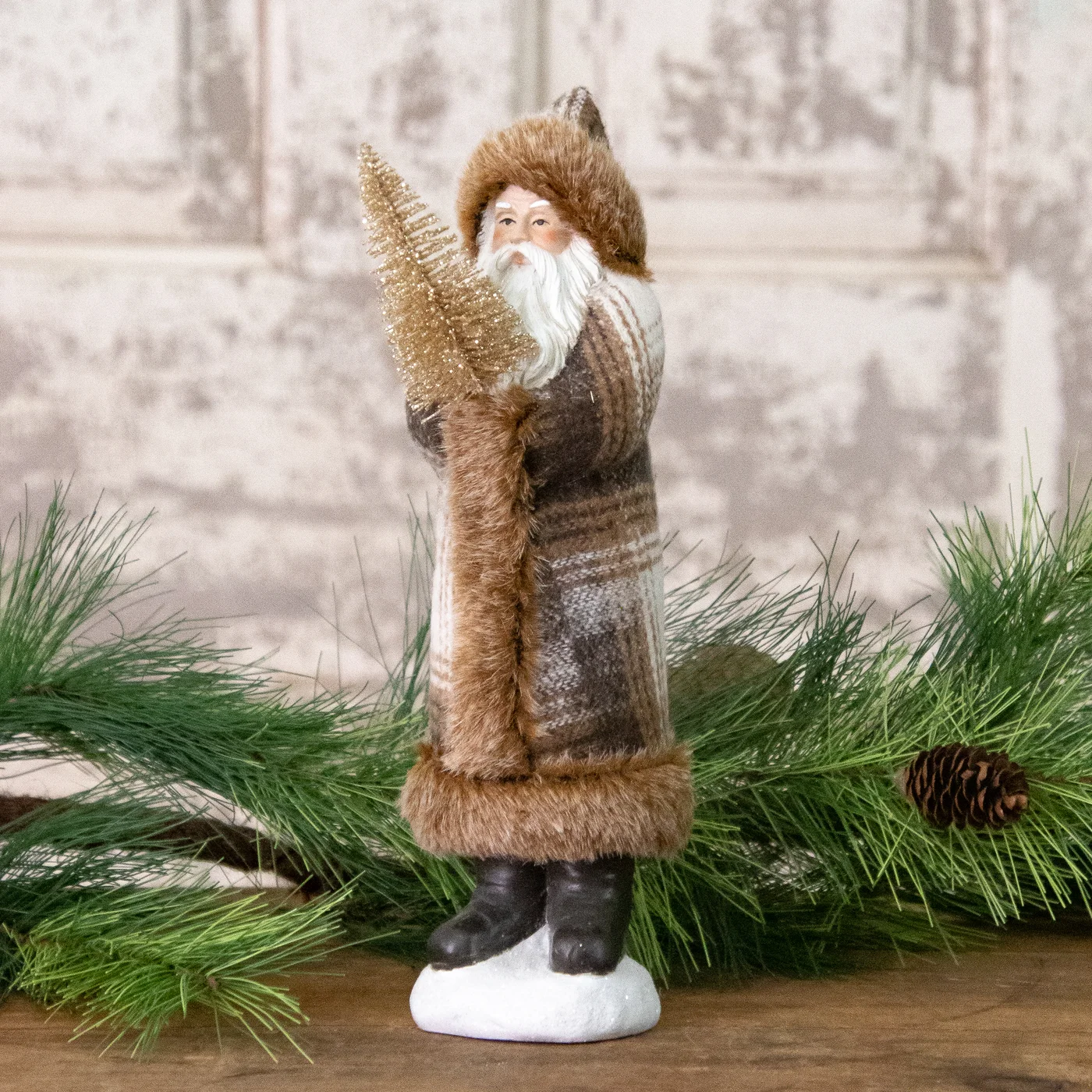 Belsnickle Santa in Brown and White Plaid Coat 10" H Figure