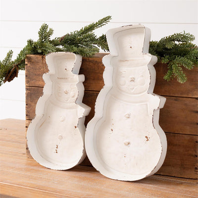 Set of 2 Snowman Shaped Distressed Metal Trays