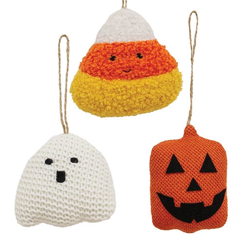 💙 Set of 3 Halloween Plush Ornaments Candy Corn Ghost and Jack