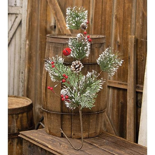 Snowy Pine with Red Bells & Berries 28" Faux Evergreen Spray