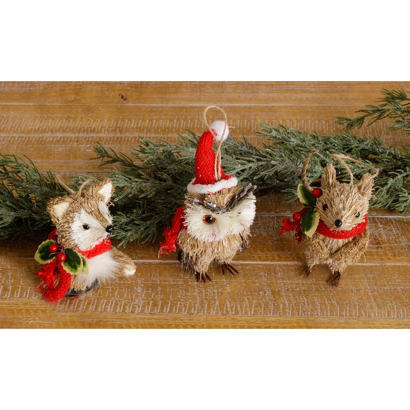 Set of 3 Owl Fox and Mouse Sisal Ornaments