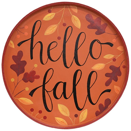 Hello Fall Autumn Leaves Round Wooden Hanging Tray 15.5"