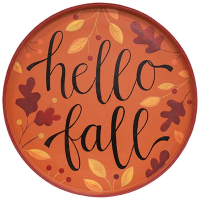 Hello Fall Autumn Leaves Round Wooden Hanging Tray 15.5"
