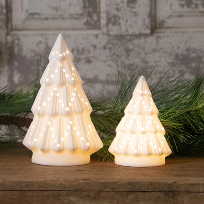 Set of 2 White Ceramic Bisque Light Up Trees