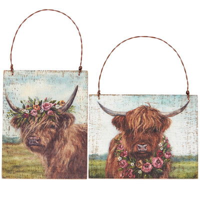 Floral Highland Cows Ornament Set of 2