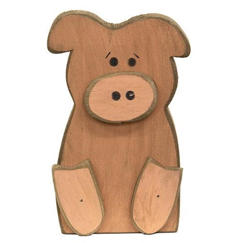 Distressed Wooden Sitting Pig Figure