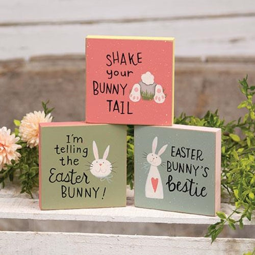 Set of 3 Easter Bunny 4" Wooden Square Block Signs