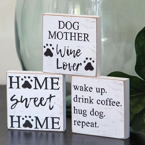 Dog Mom + Wine + Coffee Square Block Signs Set of 3