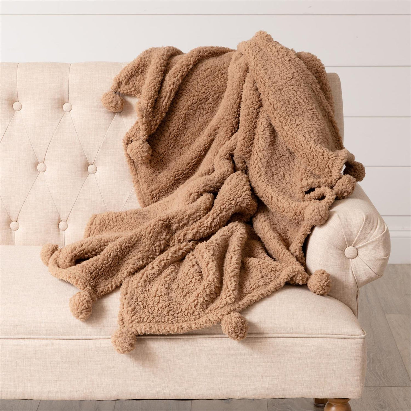 Dreamy Taupe Sherpa Throw With Pompoms