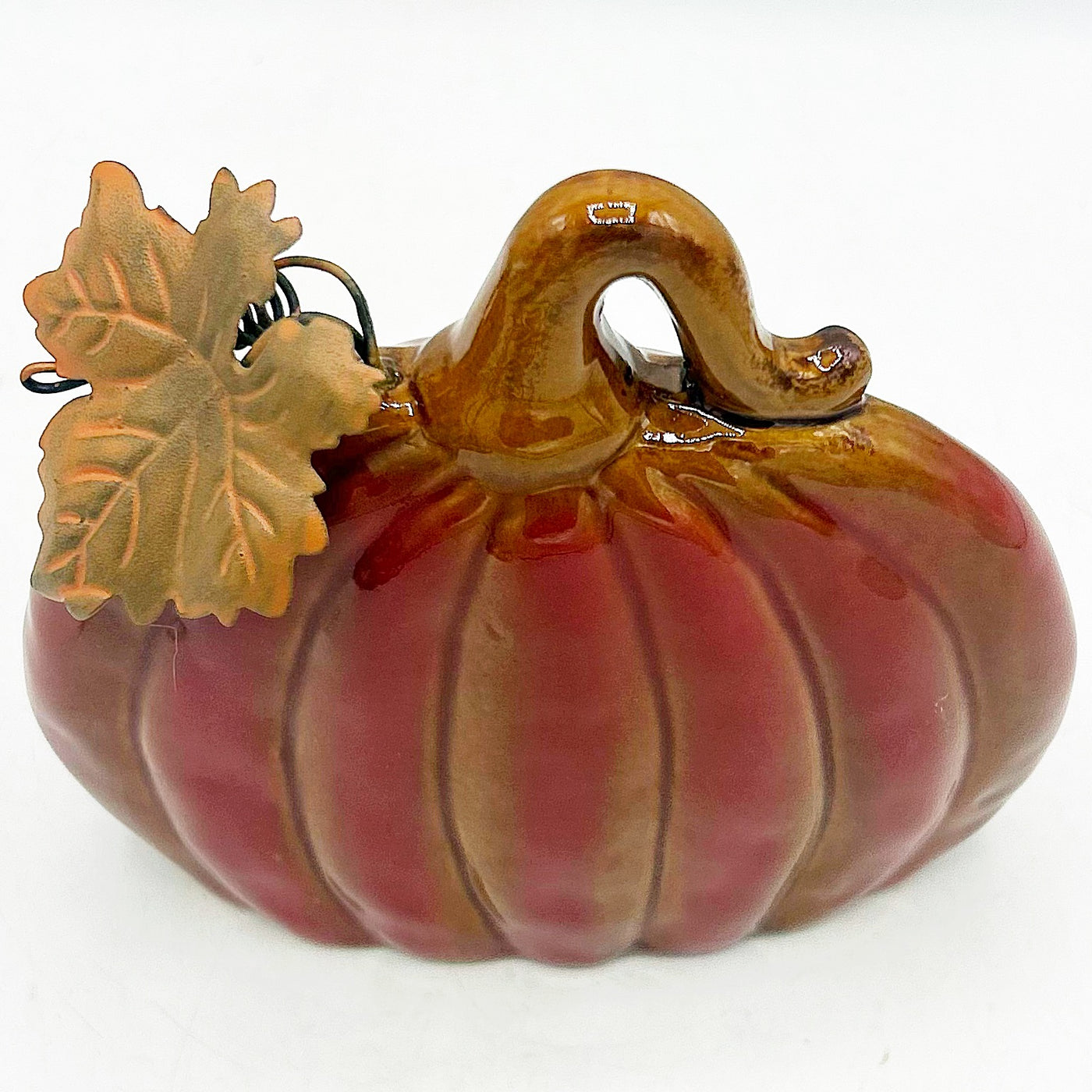 💙 Burnt Orange Pumpkin with Metal Leaf 5.25" H