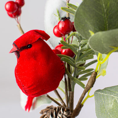 Cardinal With Pine Berries Eucalyptus 10" Faux Winter Evergreen Spray