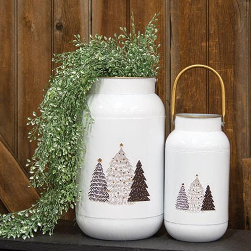 Set of 2 White Milk Cans with Embossed Trees