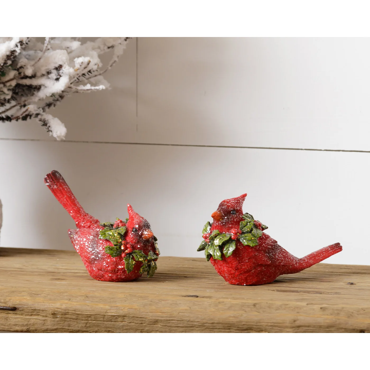 Set of 2 Glitter Cardinal Figures with Wreaths