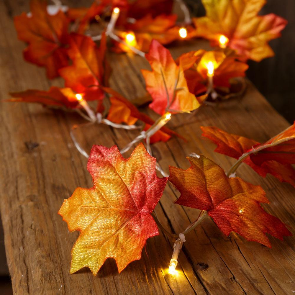 Lighted Faux Fall Leaves 65" Garland Battery Powered