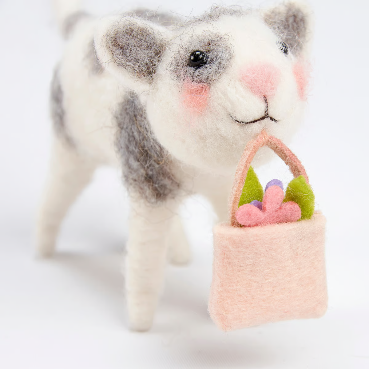 Grey and White Cat with Flower Bag Felt Critter