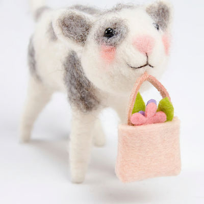 Grey and White Cat with Flower Bag Felt Critter
