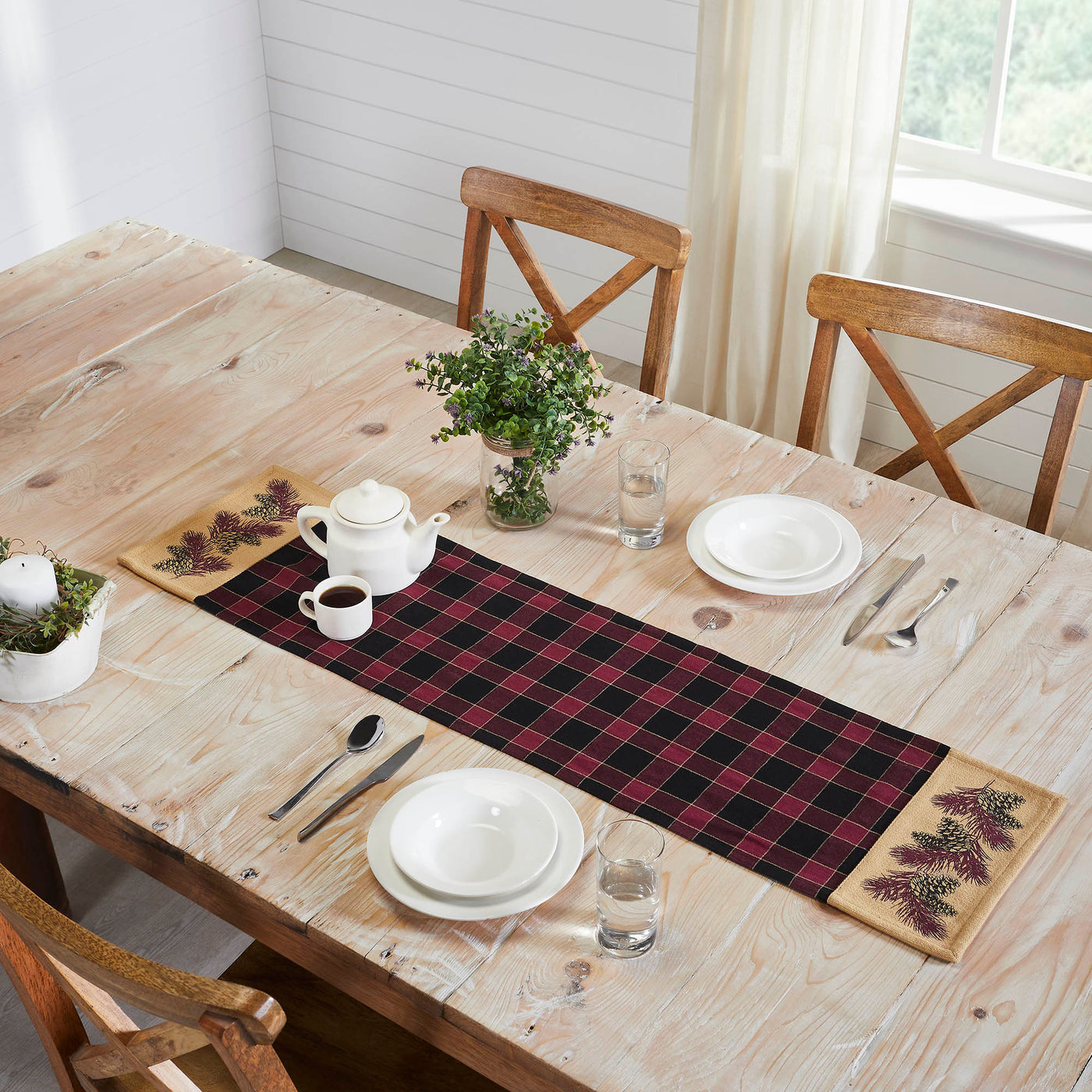 Connell Pinecone Burgundy and Black Table Runner 12" x 48"