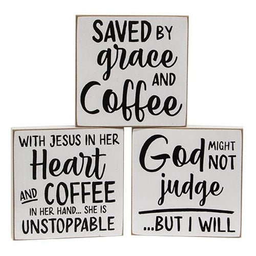 Set of 3 Saved by Grace and Coffee 4" Square Block Signs